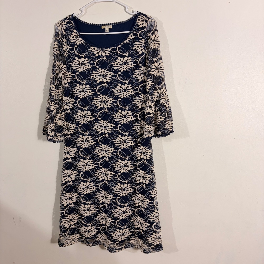 Haani Lace Dress Women Small Navy Blue Bell Sleeve Floral Overlay